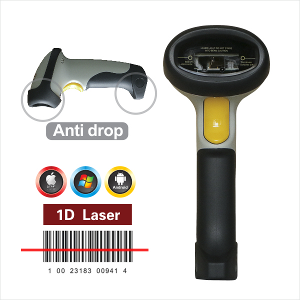 Drop-resistant Handheld 1D Laser Bluetooth Barcode Scanner Work with Smart Phones/Tablets/Laptops for Express/supermarket/retail