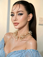 Kalung Choker Bunga Kawat Buatan Tangan XM N531 Warna Champagne, Perhiasan Leher Pernyataan untuk Pengantin Wanita