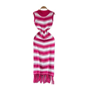 Vestido de Punto a Rayas de Colores Mezclados, Elegante, Delgado, Sin Mangas, para Mujer, Verano, Ajustado, con Borlas - Product Image 5