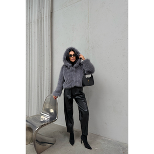 Manteau court gris en fausse fourrure avec capuche, parka en laine à simple boutonnage, fermeture éclair, rembourrage en coton, motif tissé imprimé - Product Image 2