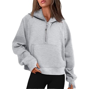 Sudadera con Capucha Deportiva de Alta Calidad Personalizada para Mujer, Sudadera Corta Holgada Negra de Felpa Gruesa con Media Cremallera para Mujer - Product Image 4