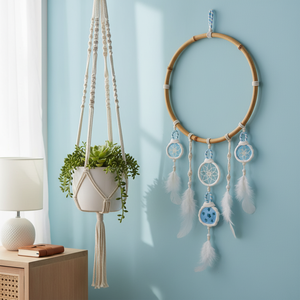 ACCOLLAPREMISETTI Azzurro Chiaro, Acchiappasogni Artigianale in Metallo, Bambù e Piume, Stile Art Déco Moderno da Appendere - Product Image 3