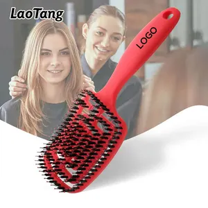 Soft Nylon Ball Tipped Curved Plastic Paddle Hairbrush Hollow Vent Hair Brush Detangle Brush For Curly Hair