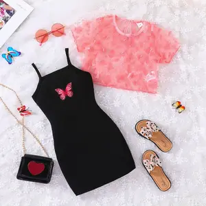 नए आगमन 4-7टी 10 रंग बेबी कपड़े लड़कियों के लिए अद्वितीय बो मेश टी-शर्ट बटरफ्लाई सस्पेंडर ड्रेस 2 पीसी ड्रेस लड़कियों के लिए 2024