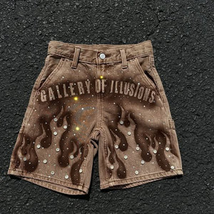 Bên Túi Mặt Trời phai màu nâu Tùy chỉnh cao eo cổ điển đau khổ Rhinestone mùa hè đầu gối dài jeans denim quần short baggy jorts - Product Image 3