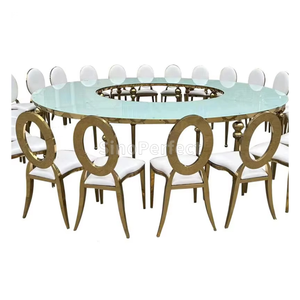 Foshan Sinoperfect Wholesale Gold Stainless Steel Round Circle Glass Mdf Top Dining Wedding <b>Table</b> for Event - Product Image 1