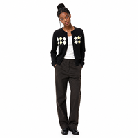 Cardigan en tricot noir à motif Argyle vintage, col rond, boutonné, coupe ajustée, style preppy, côtelé, manches longues, automne, pour femme, vente en gros