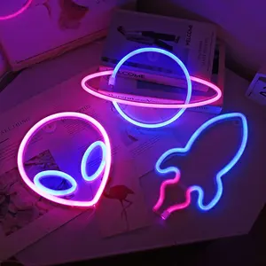 Space Theme Kids Room Decoration Cool Alien Neon Sign USB Neon Night Lamp Pink & Blue Wall Decoration Lamp Indoor Lighting