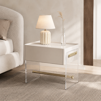 Table de chevet moderne en acrylique avec tiroir blanc et accent doré, table de nuit de luxe pour chambre à coucher, hôtel, villa, mobilier de maison
