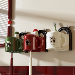 Toothbrush And Toothpaste Cup Holder Set Wall Mounted Suction Cup Magnetic Triple Holder For Bathroom Use - Product Image 1