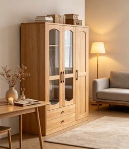 Armoire scandinave en bois avec portes vitrées, charnières, bois massif, autoportante, meubles de chambre à coucher modernes, 2 tiroirs - Product Image 3
