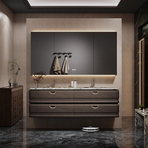 Meuble-lavabo <span class=keywords><strong>de</strong></span> <span class=keywords><strong>salle</strong></span> <span class=keywords><strong>de</strong></span> <span class=keywords><strong>bain</strong></span> moderne et minimaliste sur mesure à double vasque, armoires flottantes en bois massif avec miroir LED rétroéclairé et plan <span class=keywords><strong>de</strong></span> travail en pierre - Product Image 1