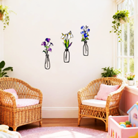 Buntglas-Metall-Wildblumen-Vase Wandbehang Ausgeschnittene Blumen-Wandkunst Ornament-Set für Innenräume Wohnzimmer Heim-Wanddekoration Geschenk