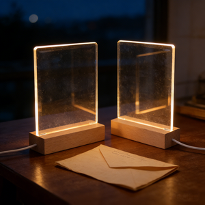 Lampe de Chevet LED Moderne en Bois de Hêtre avec Base Lumineuse, Panneau Acrylique pour Messages, Décoration Intérieure USB - Product Image 1