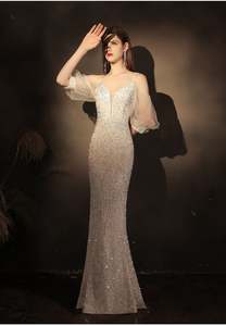 ชุดเดรสยาวผ้าโปร่งมีสายรัดสำหรับงานปาร์ตี้ชุดงานพรอมสุดหรูเดรสนางเงือกทรงเข้ารูปคอวีเซ็กซี่สำหรับผู้หญิงเปิดไหล่ - Product Image 4