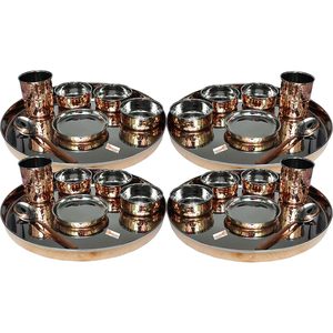 <b>Set</b> of <b>8</b> Stainless Steel and Copper Traditional <b>Dinnerware</b> 13-Inch Thali Plate Bowls Glass Spoon Single Pack - Product Image 3