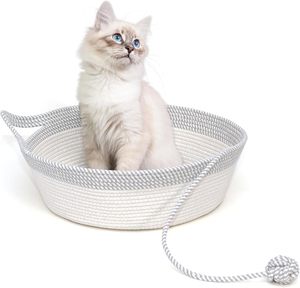 Cuccia per Cani Piccoli e Cuccioli, Cesto Intrecciato a Mano in Corda di Cotone per Gatti da Interno con Coda Giocattolo - Product Image 2