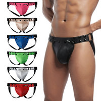 Sous-vêtements pour hommes de haute qualité, jockstrap taille basse en similicuir PU, ceinture ajustable, poche amovible, rivets