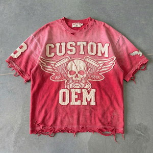 T-shirt pour homme en coton 100% avec broderie appliquée, effet usé, impression personnalisée OEM, coupe ample, épaules tombantes, style streetwear - Product Image 2