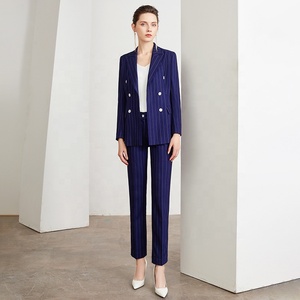 Fábrica personalizada Listra Azul Marinho Double Breasted Escritório Calças e ternos <span class=keywords><strong>blazer</strong></span> Conjunto para Mulheres Negócios Desgaste Calças Ternos - Product Image 3