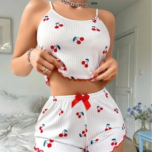 Women's V-Neck <b>Short</b> Sleeve Cherry Print Suspender <b>Shorts</b> Pajamas Elastic Waist Casual Fashion <b>Polyester</b> Knitted Fabric Soft - Product Image 5