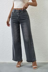 <span class=keywords><strong>Jean</strong></span> droit <span class=keywords><strong>gris</strong></span> clair en denim pour femme/maman, taille haute très extensible, motif uni, coupe ample - Product Image 5