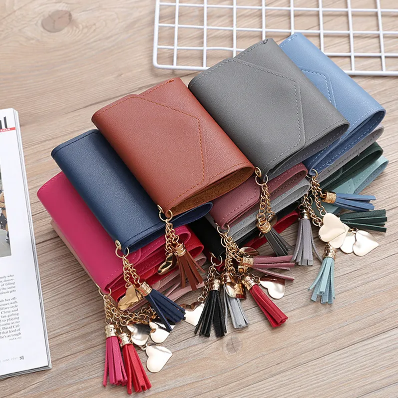 China Manufacture Small Bifold Leather Pocket Wallet PU Ladies Mini Short Purses Cute Credit Card Holder Bag Women's Clutch