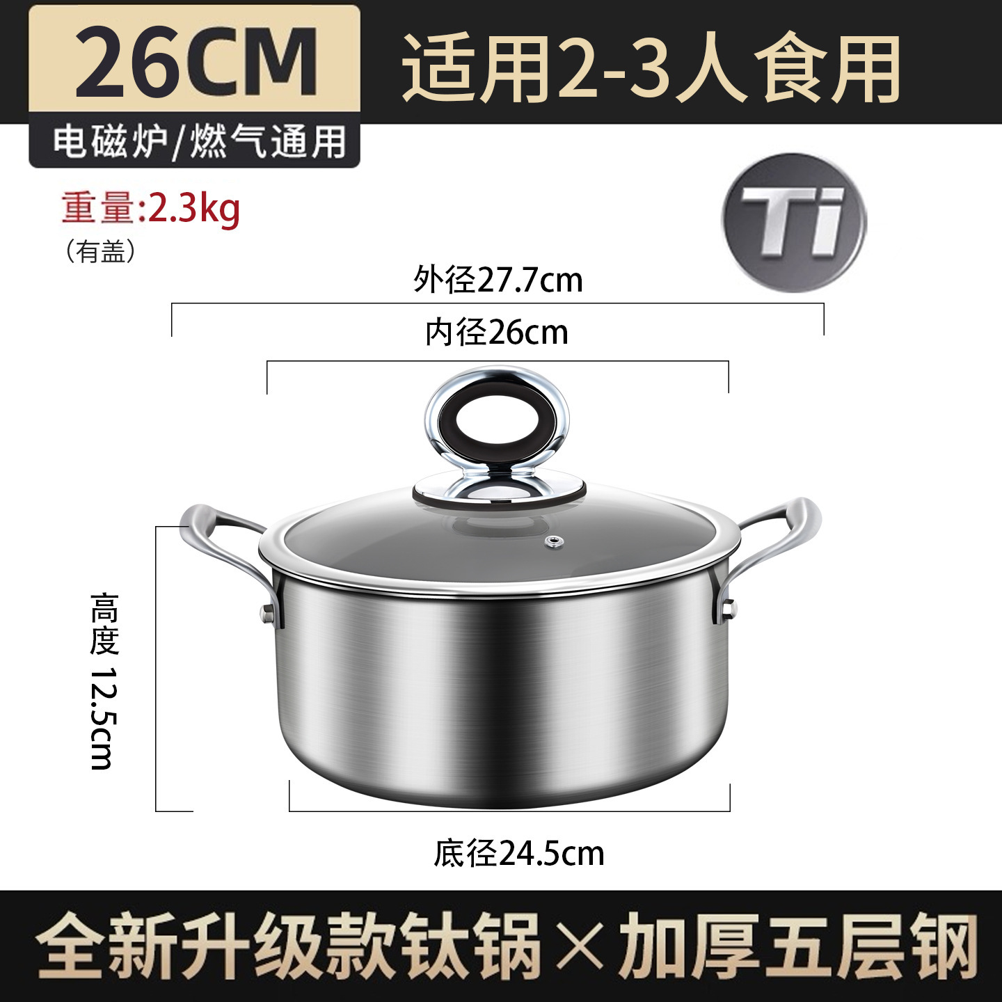 Casserole de 26 cm avec couvercle [Épaissie, avec finition revêtue de titane]