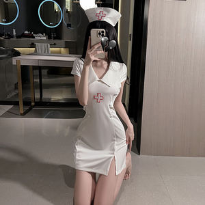 Sexy Lingerie Rollenspel Verpleegster Nachtkleding Wit Slim Fit Nachtjurk Met Hoed Professioneel Uniform Kleding Pak Gr1691 - Product Image 6