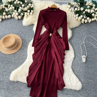 Robe longue élégante rouge à col semi-montant, plissée, à manches longues, coupe trapèze, ajustée à la taille, de luxe, pour femme, tenue de bureau formelle