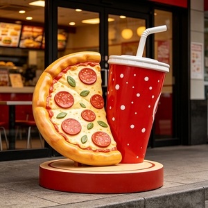 F185 Statue en fibre de verre (FRP) sur le thème de la restauration (<span class=keywords><strong>pizza</strong></span> et gobelet de cola), étanche, pour extérieur, lieux touristiques, parcs et aménagements paysagers, personnalisable - Product Image 1