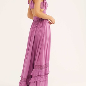 เดรสยาวทรงเอไลน์สำหรับผู้หญิง ตกแต่งด้วยผ้าลูกไม้ถักโครเชต์ เหมาะสำหรับฤดูร้อน คอวี ผ้าฝ้ายเครป ลินิน สไตล์ลำลอง เอวธรรมชาติ รับผลิตตามแบบ OEM - Product Image 3