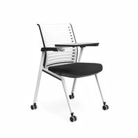 Chaise de conférence pliable avec accoudoir fixe, dossier respirant ajouré, tablette d'écriture et roulettes