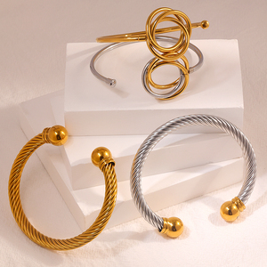 JUSNOVA 18K PVD Gold Stainless Steel Cable <strong>Cuff</strong> Bangle Interlocking Triple Circle <strong>Bracelet</strong> Waterproof Non-tarnish Adjustable - Product Image 5