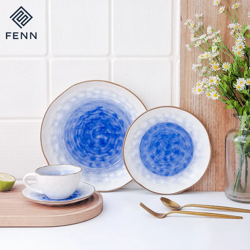 FENN Luxury Dinnerware Sets Personalized Wholesale Blue Glazed Decor Plate and Cup Set Porcelain 16 Pieces Dinner Set