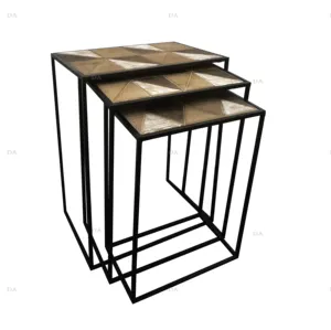 リビングルームネスティングテーブルウッドトップ3エンドテーブルセット用工業用家具サイドテーブル