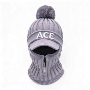 ACE <b>Pom</b> <b>Pom</b> Brim Beanie <b>Hat</b> with Brim Rib Knit <b>Hat</b> Fleece Lined Zipper Neck Warmer Face Cover Outdoor Ski Cycling - Product Image 5