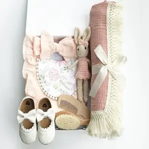 New arrivals Newborn Organic Bunny Rattle 100% Cotton Baby Girl Clothes With Shoes Shower Gift Box Set