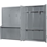 Lit mural moderne gris en métal, taille Queen, avec placard intégré et rangement pour armoire