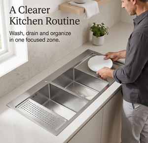 <span class=keywords><strong>Évier</strong></span> de <span class=keywords><strong>cuisine</strong></span> double en acier inoxydable argenté avec égouttoir droit, double drain, cuves profondes, design à rebord large, OEM ODM, approvisionnement B2B - Product Image 4