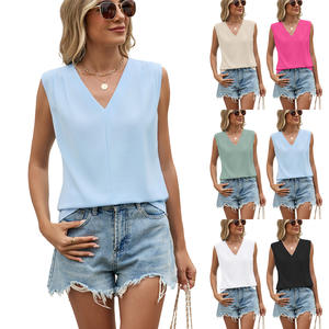 Camiseta de Verano para Mujer, Nueva Moda, Estilo Elegante, Color Sólido, Microelástica, Cuello en V, Corte Holgado, Sin Mangas, Transpirable - Product Image 6