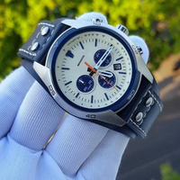 Montre à quartz pour homme style pilote, cadran crème, chronographe, bracelet en cuir de vachette marine, lunette tachymètre, montre-bracelet quotidienne pour homme d'affaires