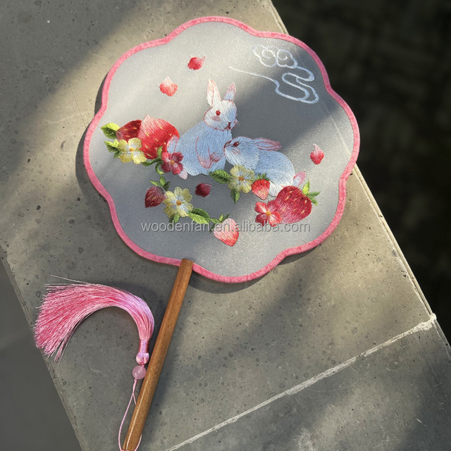 Ancient Translucent Silk Round Hand Held Fan Floral Pattern Paddle Dance Fan With Tassel