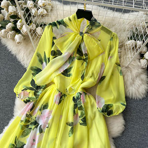 Fiocco personalizzato in vita mostra un vestito stampato in <span class=keywords><strong>Chiffon</strong></span> floreale Super <span class=keywords><strong>giallo</strong></span> sottile da donna - Product Image 2