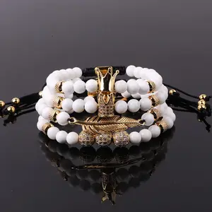 High Quality Natural Stone White Porcelain 18K Gold Plated CZ Crown Charm Macrame Bracelet With Logo JBS12442