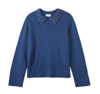 Pull en maille chinée unie à col orné de strass pour femme, coupe décontractée, pull élégant et décontracté grande taille pour l'automne et l'hiver