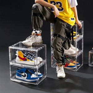 Clear Fold Shoe Box Fashion Acrylic Plastic Magnetic Side Open Stackable Folding Clear Display Shoe Storage Box For Organizer Basketball Sports Shoe