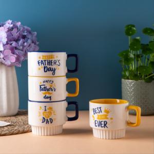 Ensemble de tasses empilables personnalisables pour la fête des pères, tasses en céramique jaunes et bleu marine, meilleurs imprimés pour <span class=keywords><strong>papa</strong></span>, commande en gros, directement de l'usine - Product Image 1