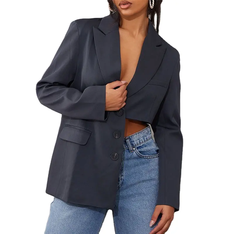 Women Long Sleeve Notch Lapel Single Breasted Suit Jacket OEM Custom Cut Out Side Asymmetric Design Blazer