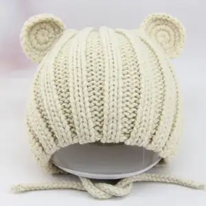 新生宝宝冬季保暖帽子针织婴儿帽与熊耳朵卡通花边儿童儿童Cap 1-3年